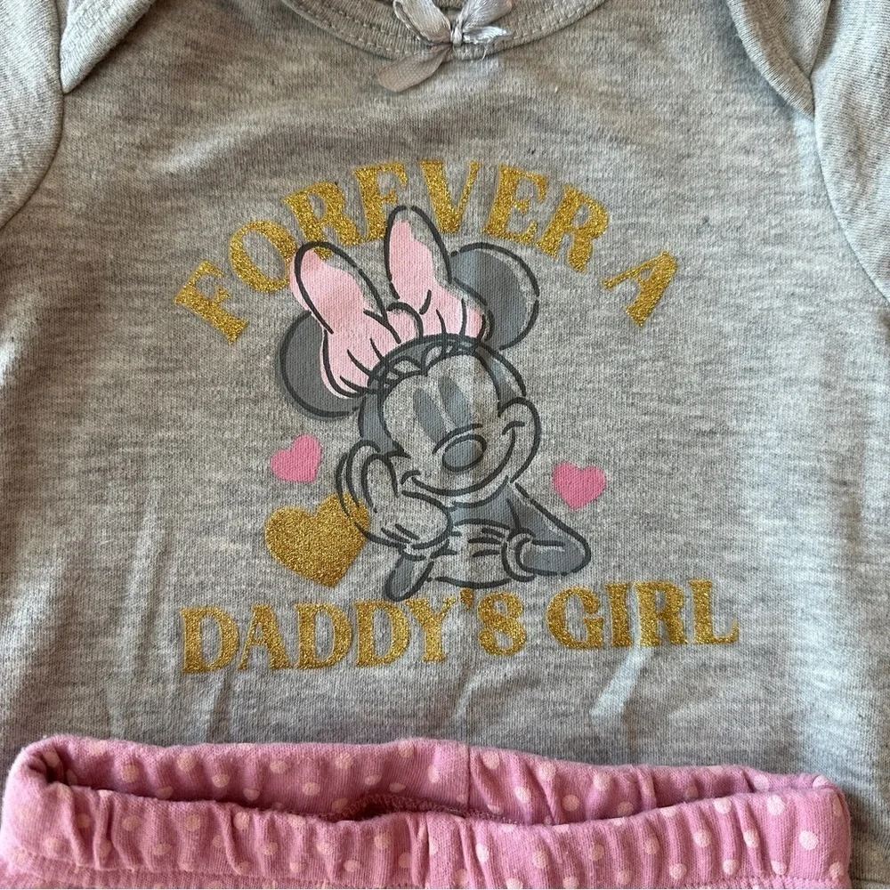 EUC Disney Baby Girl 3pc Outfit Set: Pink Polka Dot Minnie Mouse, 3-6 Months